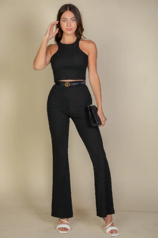 Ribbed Cropped Top And Bootcut Pants Sets Classic Stretch Pants