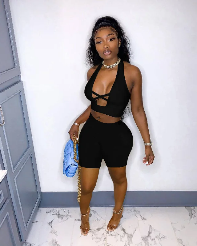 Two Piece Criss Cross Top Short Pants Sets Casual Lounge Pants