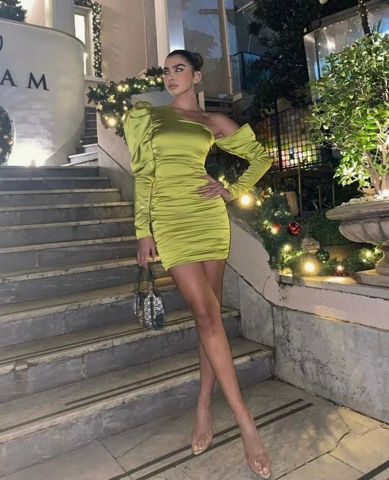 Green Long Sleeves Satin Short Party Dress, DP2089 Pencil Length Work