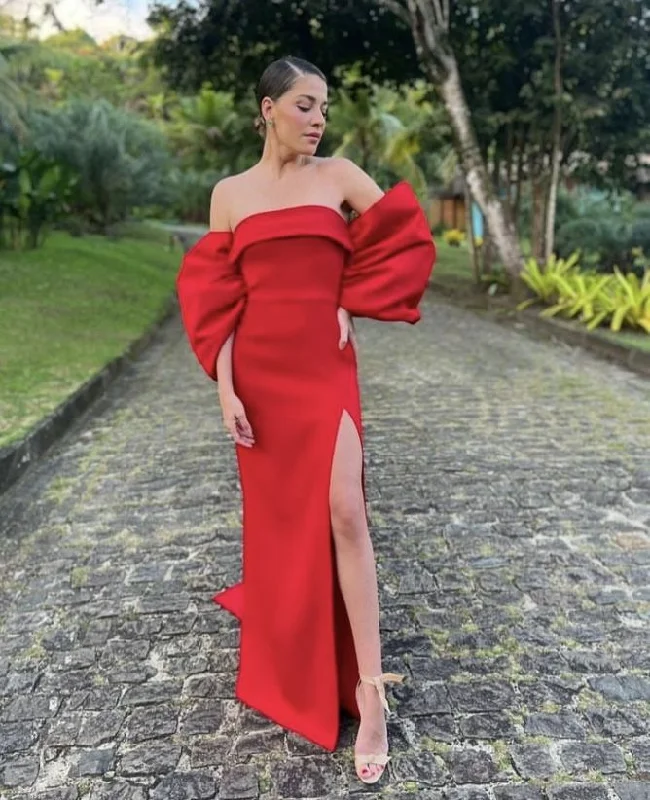 Red Off Shoulder Elegant Long Party Dress with Slit, DP2097 Satin Halter Glamorous
