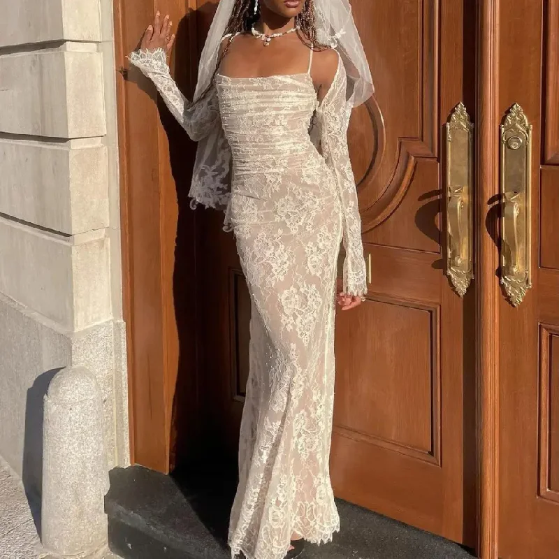 White Floral Lace Mesh Spaghetti Straps Long Party Dress, DP2238 Tunics Sale discount White Floral Lace Mesh Spaghetti Straps Long Party Dress, DP2238 Tunics Sale discount