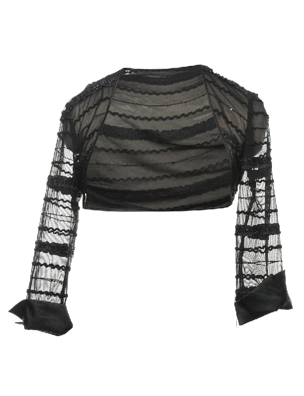 Lace Sheer Frilled Cropped Evening Jacket - S Boat Neck Shawl Collar Notched Collar