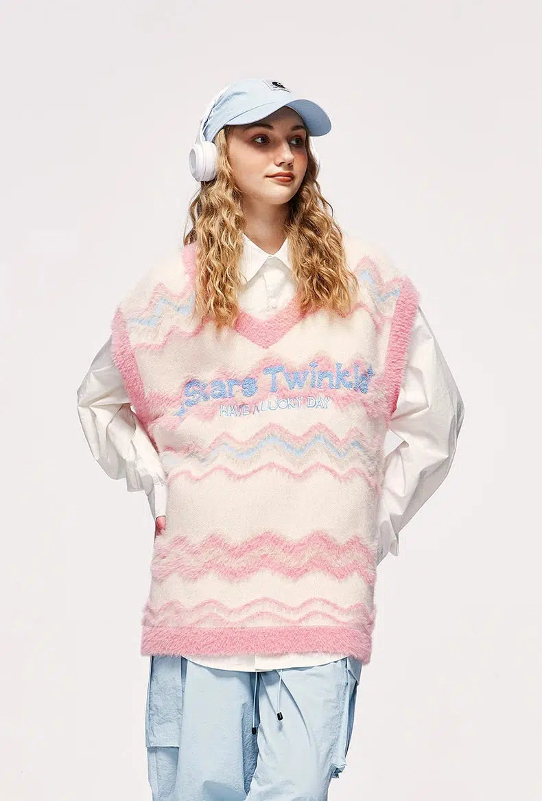 Stars Twinkle Fluffy Sweater Vest Boat Neck Shawl Collar Notched Collar