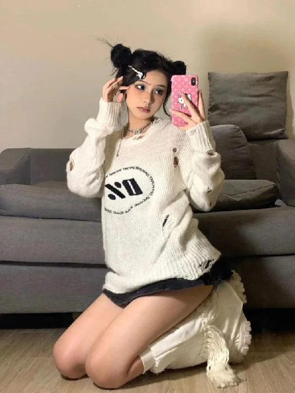 Y2K Grunge Distressed Knitted Sweater Chenille Brocade Lace