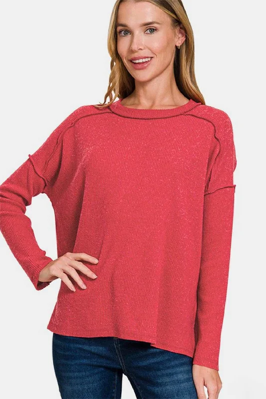 Zenana Exposed Seam Brushed Round Neck Sweater - Red Fleece Fabric Down Fabric Feather Fabric Zenana Exposed Seam Brushed Round Neck Sweater - Red Fleece Fabric Down Fabric Feather Fabric