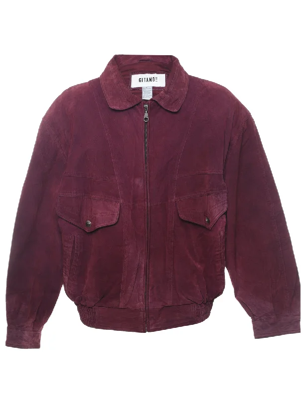 Maroon Suede 1980s Zip-Front Jacket - XL Hoodie Zip-Up Jacket Button-Up Jacket