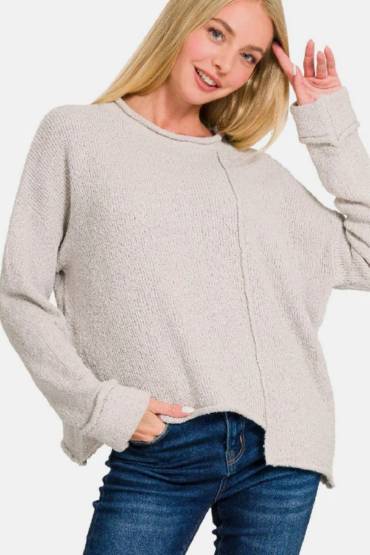 Zenana Asymmetric Hem Drop Shoulder Sweater Satin Fabric Silk Fabric Chiffon Fabric
