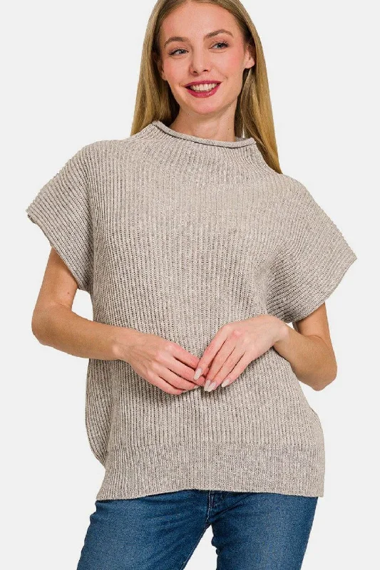 Zenana Short Sleeve Mock Neck Sweater Seamless Knitted Crochet