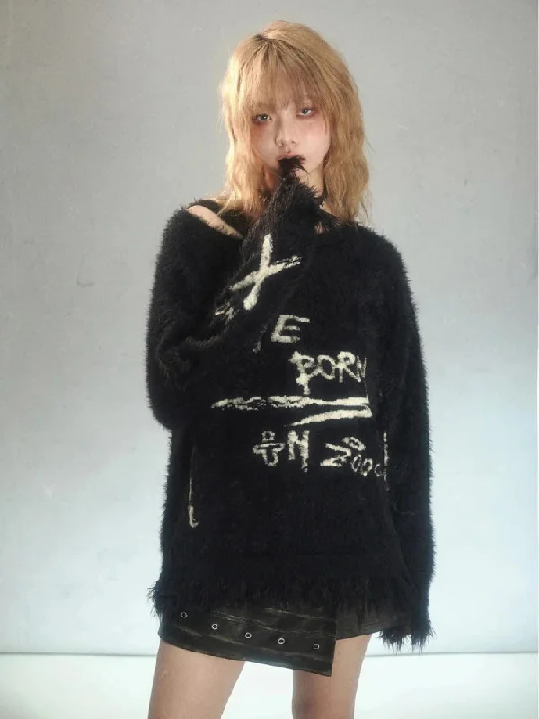 Grunge Fluffy Knitted Sweater Fleece Sweater Nylon Polyester