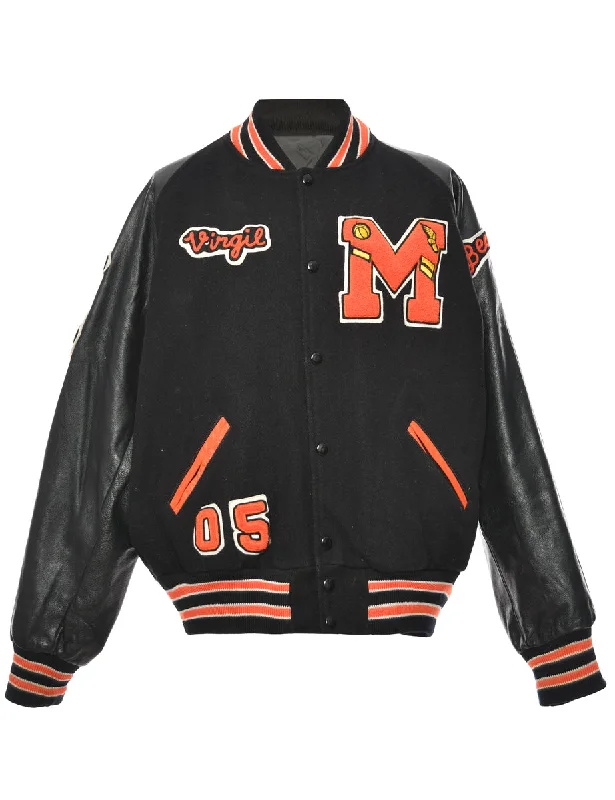 Orange & Black Virgil Brown Applique Design Varsity Jacket - L Satin Jacket Silk Jacket Chiffon Jacket Orange & Black Virgil Brown Applique Design Varsity Jacket - L Satin Jacket Silk Jacket Chiffon Jacket