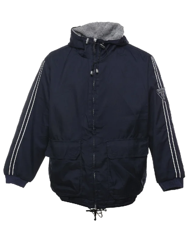 Navy Zip-Front Striped Hooded Jacket - L Notch Collar Jacket Peter Pan Collar Jacket Cowl Neck Jacket Navy Zip-Front Striped Hooded Jacket - L Notch Collar Jacket Peter Pan Collar Jacket Cowl Neck Jacket