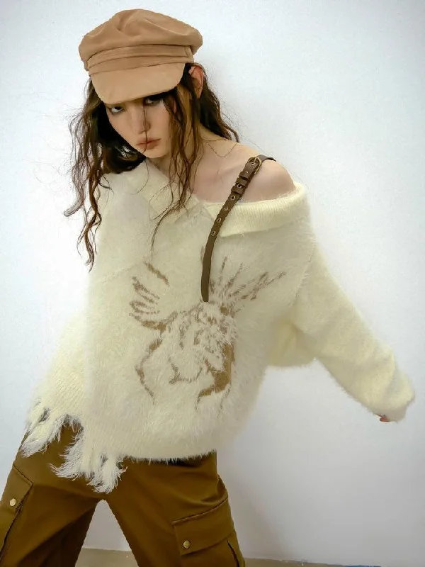 Off Shoulder Distressed Knit Sweater Chenille Blend Fleece Blend Nylon Blend