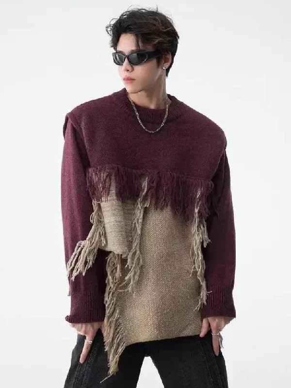 Fringe Patchwork Knitted Sweater Cable Knit Ribbed Knit Lace Knit