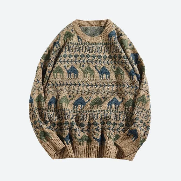 Vintage Camel Knitted Sweater Print Jacquard Patchwork