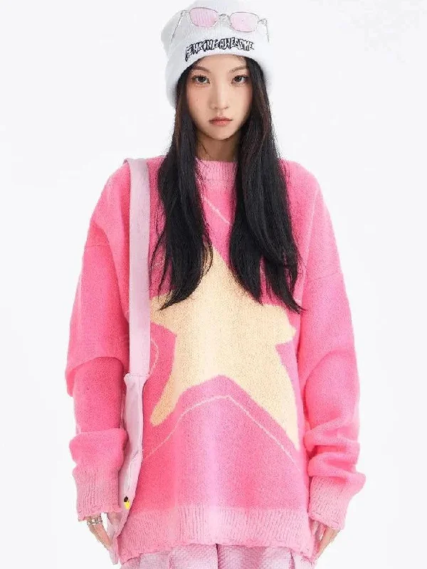 Y2K Star Distressed Sweater Chenille Brocade Lace