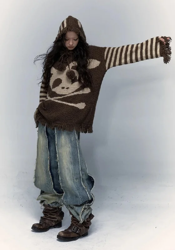Grunge Tasseled Hooded Sweater Solid Color Striped Floral Print
