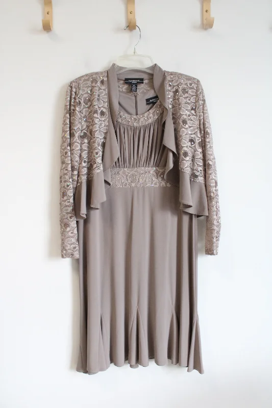 R&M Richards Lace & Rhinestone Taupe Dress & Jacket Set | 8 Petite Embroidered Jacket Appliqued Jacket Beaded Jacket R&M Richards Lace & Rhinestone Taupe Dress & Jacket Set | 8 Petite Embroidered Jacket Appliqued Jacket Beaded Jacket