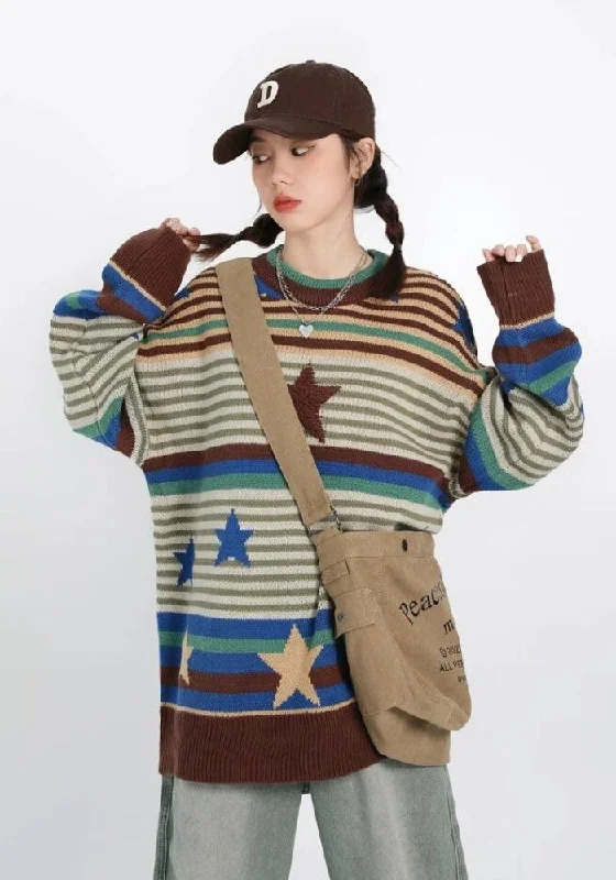 Vintage Star Printed Knit Sweater Ribbed Striped Patterned