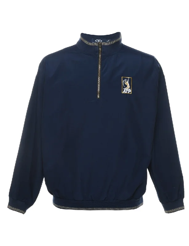 Navy Quarter-Zip Embroidered Jacket - S A-Line Jacket Boat Neck Shawl Collar