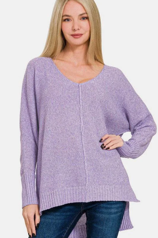 Zenana High-Low Center Seam V-Neck Sweater In Lavender Layered Multi-layer Single Layer Zenana High-Low Center Seam V-Neck Sweater In Lavender Layered Multi-layer Single Layer