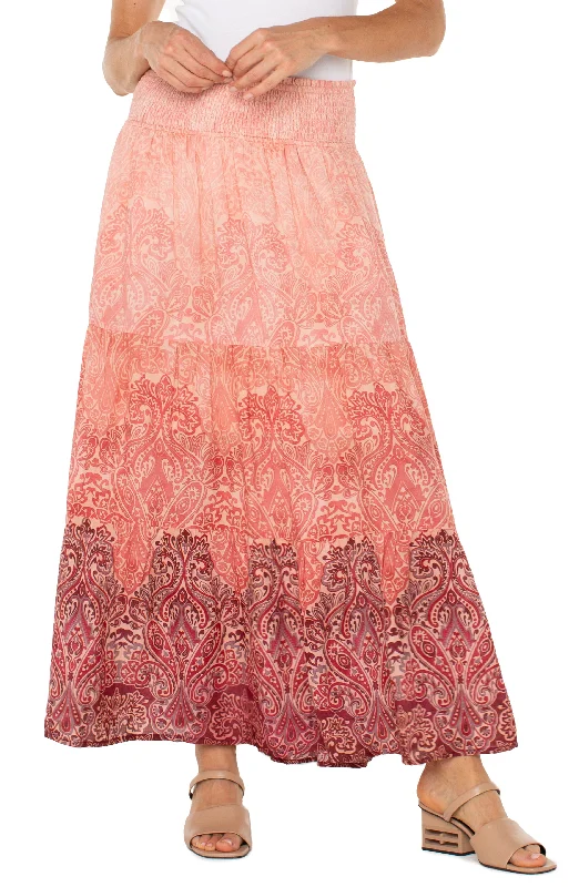 Liverpool Tiered Woven Maxi Skirt with Smocked Waist (Mauve Ombre Paisley) velvet skirt rich