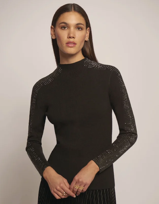 Leo & Ugo Women's High Neck Sweater W/ Dazzled Sleeves in Black Modern Contemporary Chic Leo & Ugo Women's High Neck Sweater W/ Dazzled Sleeves in Black Modern Contemporary Chic