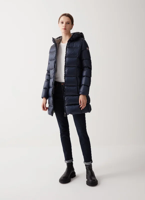 Long Iridescent Down Jacket with Fixed Hood OR2221 5WG Collared Jacket Crew Neck Jacket Turtle Neck Jacket Long Iridescent Down Jacket with Fixed Hood OR2221 5WG Collared Jacket Crew Neck Jacket Turtle Neck Jacket