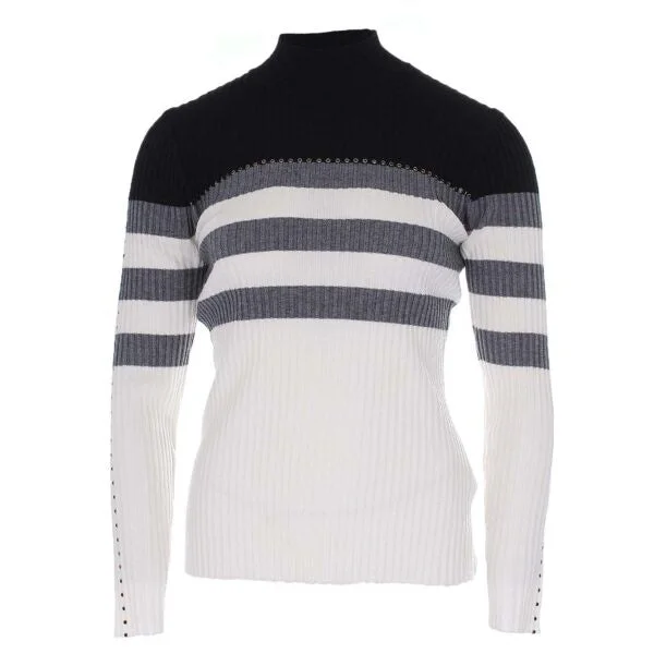Leo & Ugo Women's Half Stripped Sweater Notch Collar Peter Pan Collar Cowl Neck