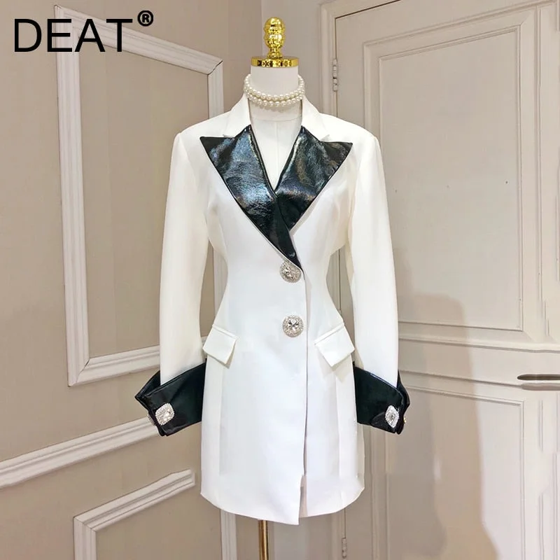 DEAT Woman Jacket Color-block PU Patchwork Long Sleeve Beading Notched Casual Style Outerwear 2022 Autumn 23XM571 Hoodie Zip-Up Jacket Button-Up Jacket