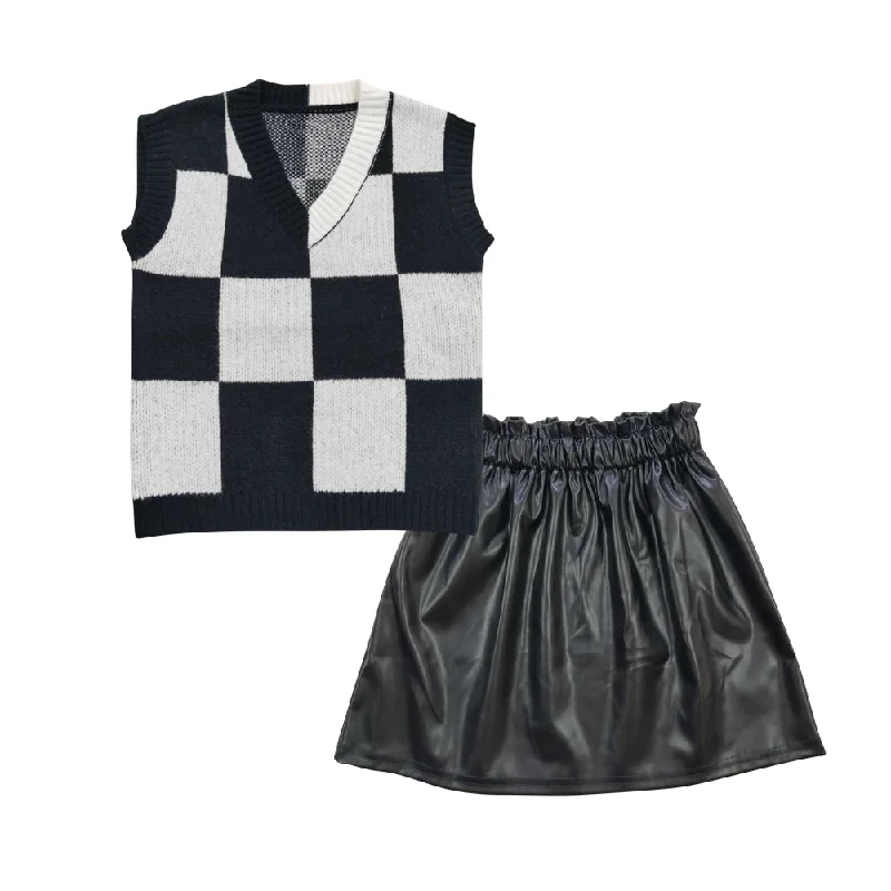 GSD0419  2pcs Black Plaid Sweater GLK0013 Black leather Skirt Dresses Girls Short Sleeve Shorts Outfits Toggled Drawstring Belted