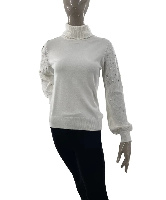 Leo & Ugo Women's Sweater W/ Gemmed Sleeves in Ivory Layered Multi-layer Single Layer Leo & Ugo Women's Sweater W/ Gemmed Sleeves in Ivory Layered Multi-layer Single Layer