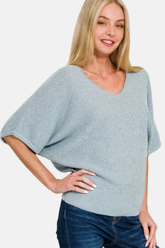 Zenana V-Neck Short Sleeve Dolman Sweater Denim Fabric Leather Fabric Suede Fabric