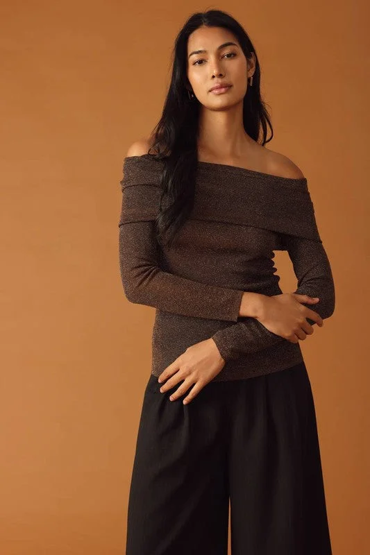 Brown off The Shoulder Metallic Sweater Long Sweater Short Sweater Cropped Sweater