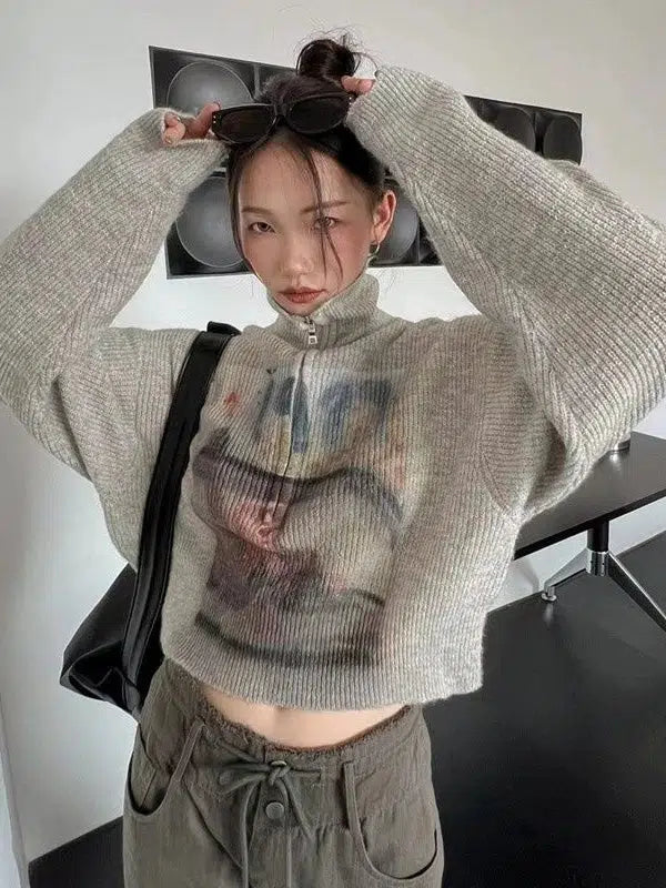 Y2K Half Zip-Up Knitted Sweater Open Front Closed Front Wrap Front