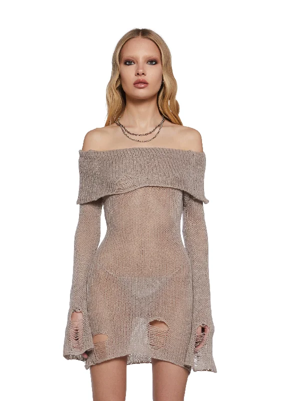 Chamber Distressed Sweater Dress - Ecru Mesh Fabric Canvas Fabric Denim Fabric