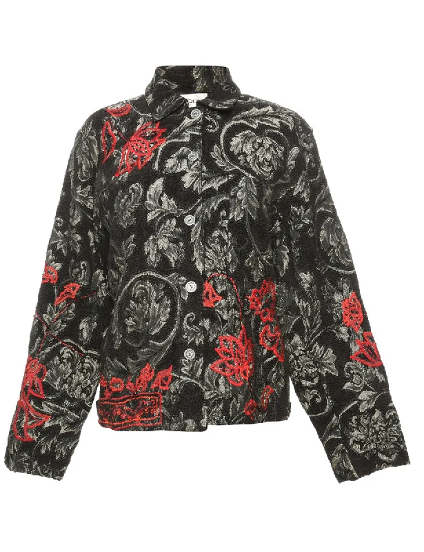 Leafy Print Metallic Tapestry Jacket - S Satin Jacket Silk Jacket Chiffon Jacket