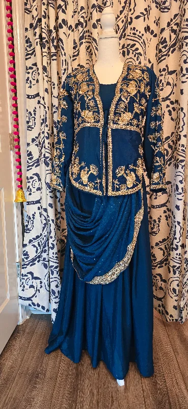 Blue Gown Saree with Jacket Snapped Jacket Toggled Jacket Drawstring Jacket