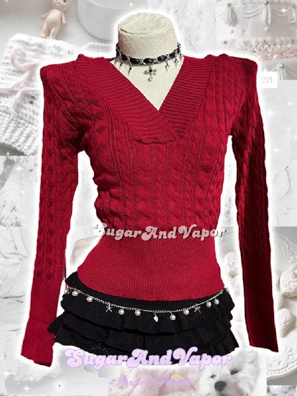 Sarah Red Cable-Knit V-neck Hooded Sweater Houndstooth Herringbone Solid