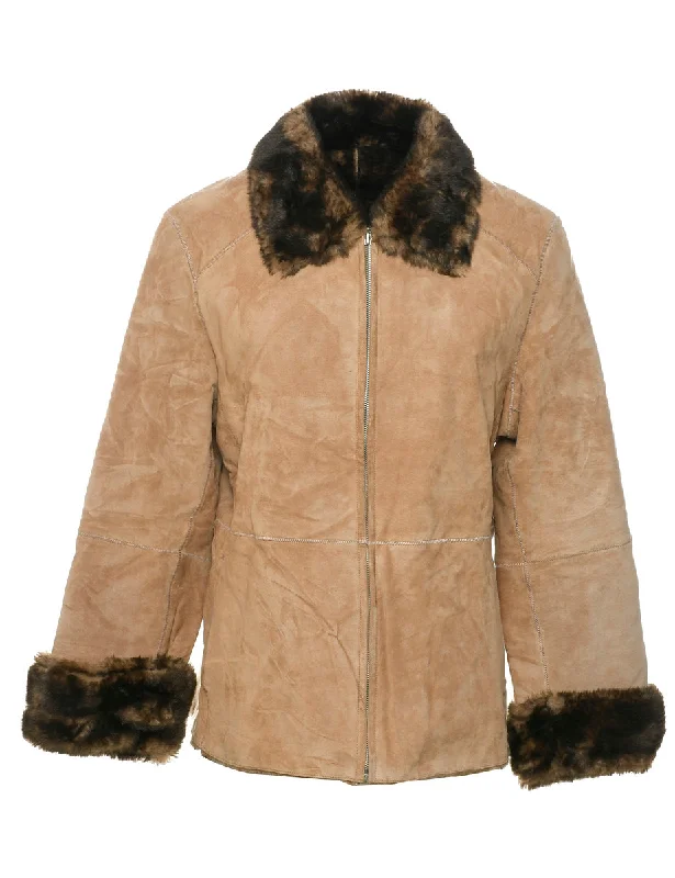Light Brown Faux Shearling Suede Jacket - L Front Pockets Side Pockets Patch Pockets Light Brown Faux Shearling Suede Jacket - L Front Pockets Side Pockets Patch Pockets