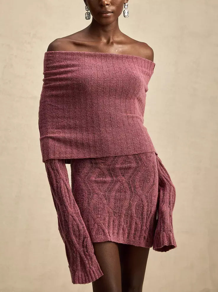 Off-Shoulder Long-Sleeve Knit Mini Sweater Dress Long Sweater Short Sweater Cropped Sweater