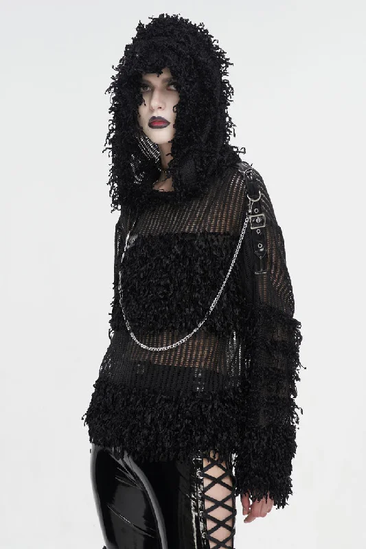 Black Segmented Mesh Matching Chain Women's Punk Hooded Sweater Cable Knit Ribbed Knit Lace Knit