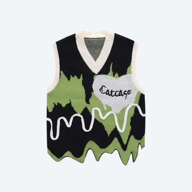 Weirdcore Wavy Striped Sweater Vest High Neck Crew Neck V-Neck