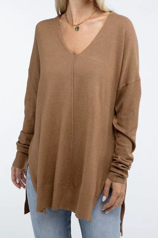 ZENANA Hi-Low Hem Front Seam Sweater Stretchy Elastic Breathable