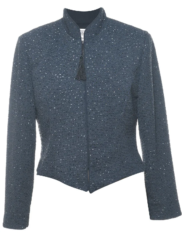 Navy Sparkly Diamanté Detail Zip-Front Evening Jacket - M Denim Fabric Leather Fabric Suede Fabric Navy Sparkly Diamanté Detail Zip-Front Evening Jacket - M Denim Fabric Leather Fabric Suede Fabric