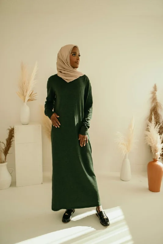 Khadija (RA) Forest Green Sweater Dress Elasticated Padded Insulated