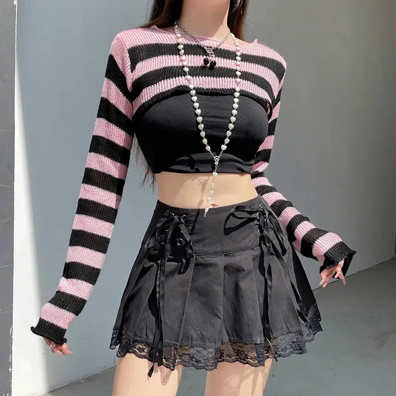 Goth Striped Knitted Shrug Sweater Mesh Blend Leather Blend Suede Blend