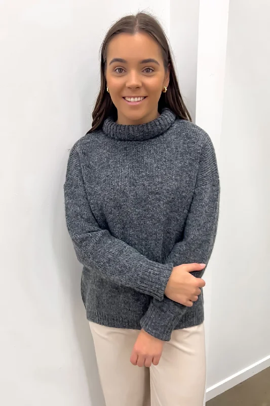 Emmy Roll Neck Sweater Charcoal Ribbed Striped Patterned