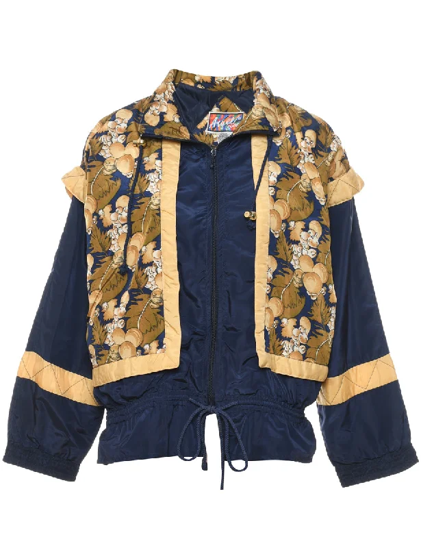 Navy Leafy Print Zip-Front Nylon Jacket - S Knit Jacket Woven Jacket Fleece Jacket