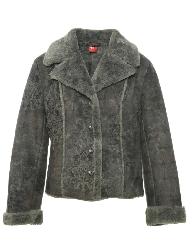 Olive Green Faux Shearling Suede Jacket - L Zippered Jacket Buttoned Jacket Snapped Jacket Olive Green Faux Shearling Suede Jacket - L Zippered Jacket Buttoned Jacket Snapped Jacket