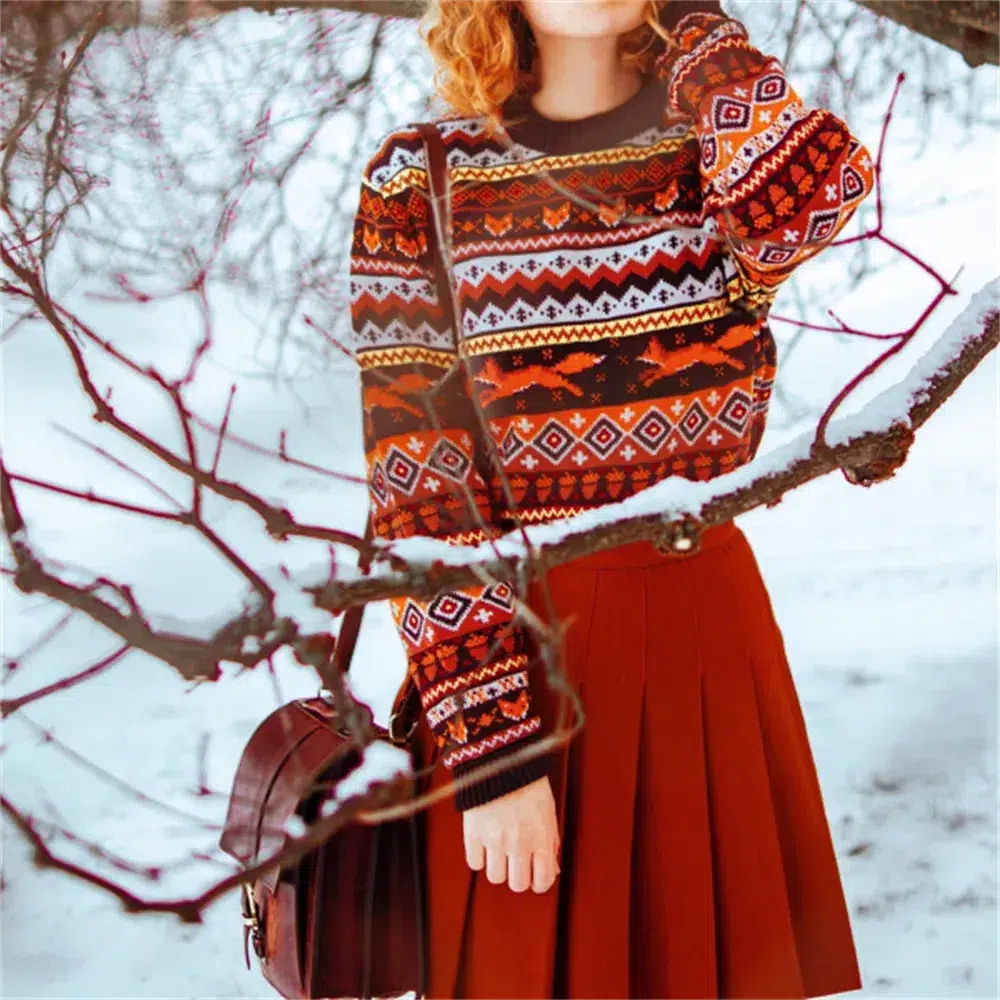Vintage Fox Embroidered Christmas Sweater Solid Color Striped Floral Print